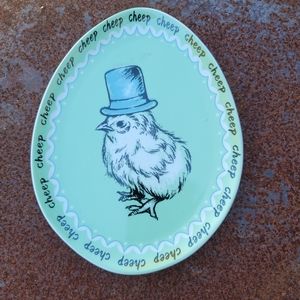 Grace Porcelain Egg shaped plate with Grumpy Baby Chick Green w/ Top Hat